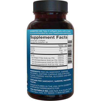 Omega 3 Fish Oil Supplement for Women and Men - 2500 mg Triple Strength Fish Oil per Serving with Omega 3 Fatty Acids Including EPA, DHA DPA - 180 Pescatarian-Friendly Softgels
