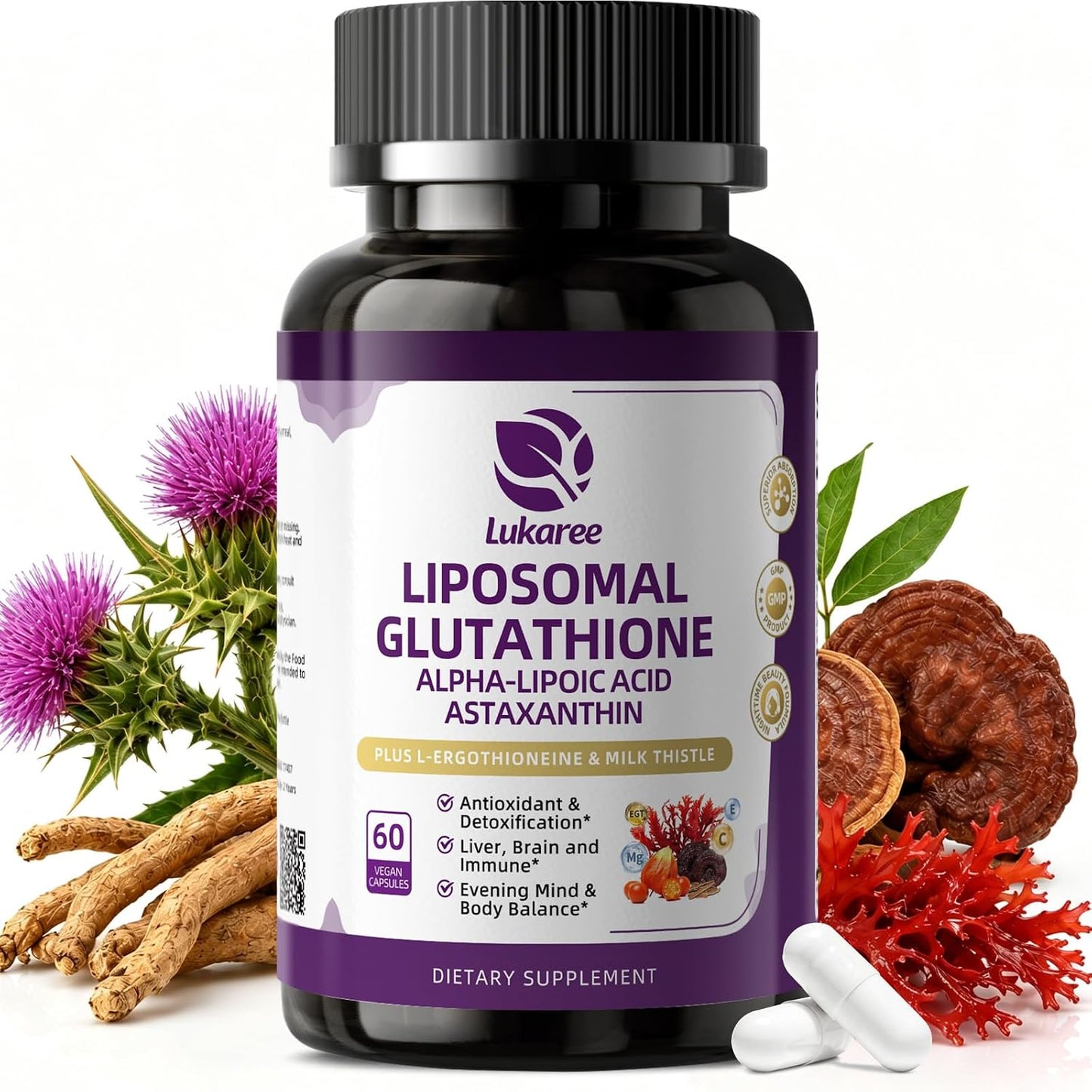 Liposomal Glutathione 1158mg with Astaxanthin for Skin Health 60 Vegan CT | 15-in-1 with Milk Thistle, Alpha Lipoic Acid, Antioxidant Complex for Nighttime Skin Radiance, Cellular Health & Liver Detox
