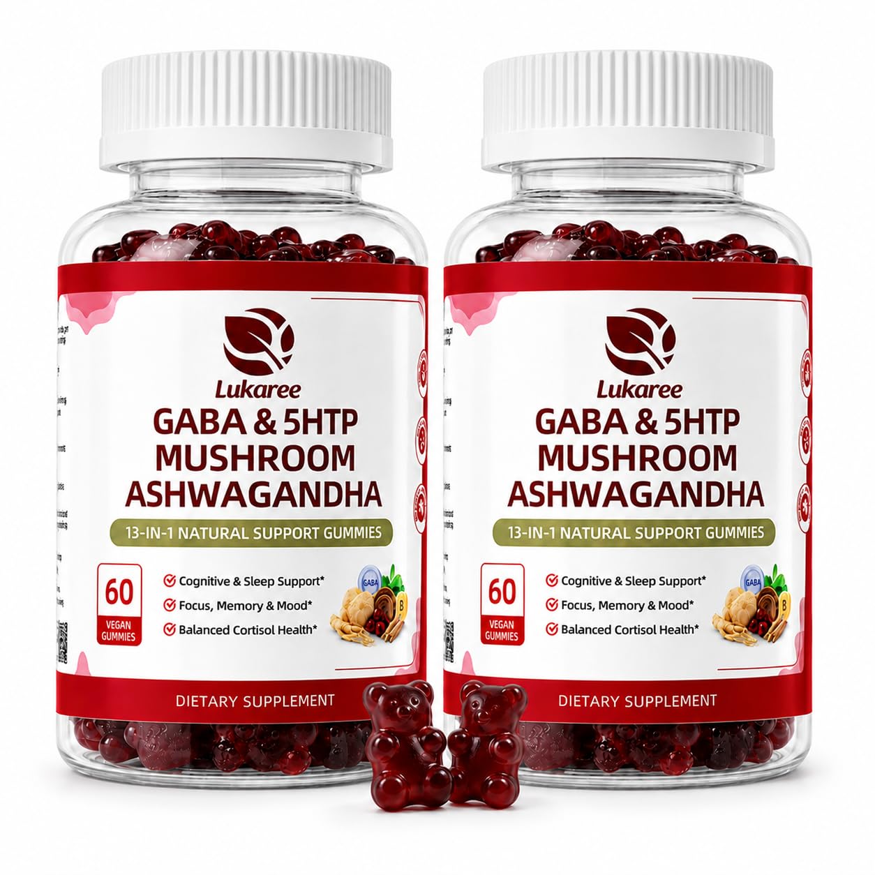 GABA & Mushroom Gummies Supplement for Sleep & Brain Support,Extra Strength | Plus Mushroom Complex, 5‑HTP & Tart Cherry, No Melatonin for Natural Sleep, Berry Flavor-Sugar Free, 60 Gummies