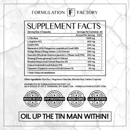 Formulation Factory Heart of Steel Nitric Oxide Supplements for Men & Women, Nitric Oxide Booster for Blood Flow & Circulation with L-Citrulline 1000mg, L-Arginine, CoQ10 & Resveratrol - 120 Capsules