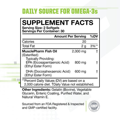 MusclePharm Essentials Fish Oil, Elite Omega 3 Supplements - Promotes Joint Health, Muscle Performance, Brain, Heart & Immune Support, 2000mg Omega 3 Fish Oil Per Serving - 60 Softgels (30 Servings)