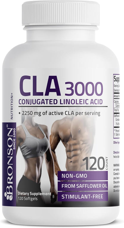Bronson CLA 3000 Extra High Potency Supports Healthy Weight Management Lean Muscle Mass Non-Stimulating Conjugated Linoleic Acid 120 Softgels | 2250 mg Active CLA per Serving, Non-Stimulating, 100% Safflower Oil, Lean Body Mass Support, Non-GMO
