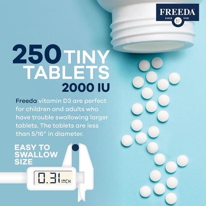 FREEDA Pure Vitamin D3 2000 IU Supplement – 250 Tiny Tablets | Moderate Strength Vitamin D3 Supplement - 50 mcg (2,000 IU) Supporting Bone, Joint, Muscle, and Immune Health for Women & Men