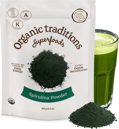Organic Traditions Spirulina Powder Organic, Plant-Based Green Superfood for Smoothies, Rich Algae Powder for Energy Support, Easy Mixing Spirulina for Daily Wellness Routines, 150g / 5.3oz Bag