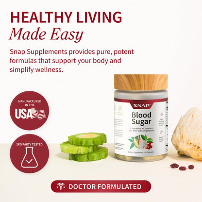 Snap Supplements Blood Sugar Blend with Berberine, CoQ10, 60 Vegan Capsules | Support Already Healthy Blood Sugar, Metabolic Health and Energy, Sugar Free, with CoQ10, Cinnamon (Packaging May Vary)