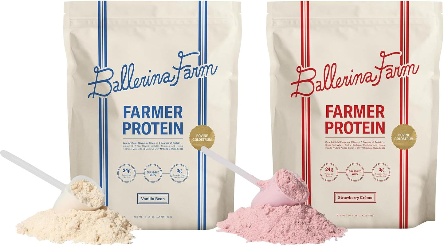 Grass Fed Whey Protein Powder, Vanilla Bean + Strawberry Crème, 24g Protein with Collagen Peptides, Bovine Colostrum, Hemp Hearts & Prebiotic Fiber, No Added Sugar, 40 Servings Total