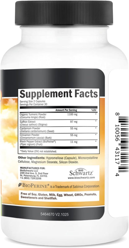 Turmeric Supplement with Saffron, Cinnamon, Cardamom & BioPerine - 60ct