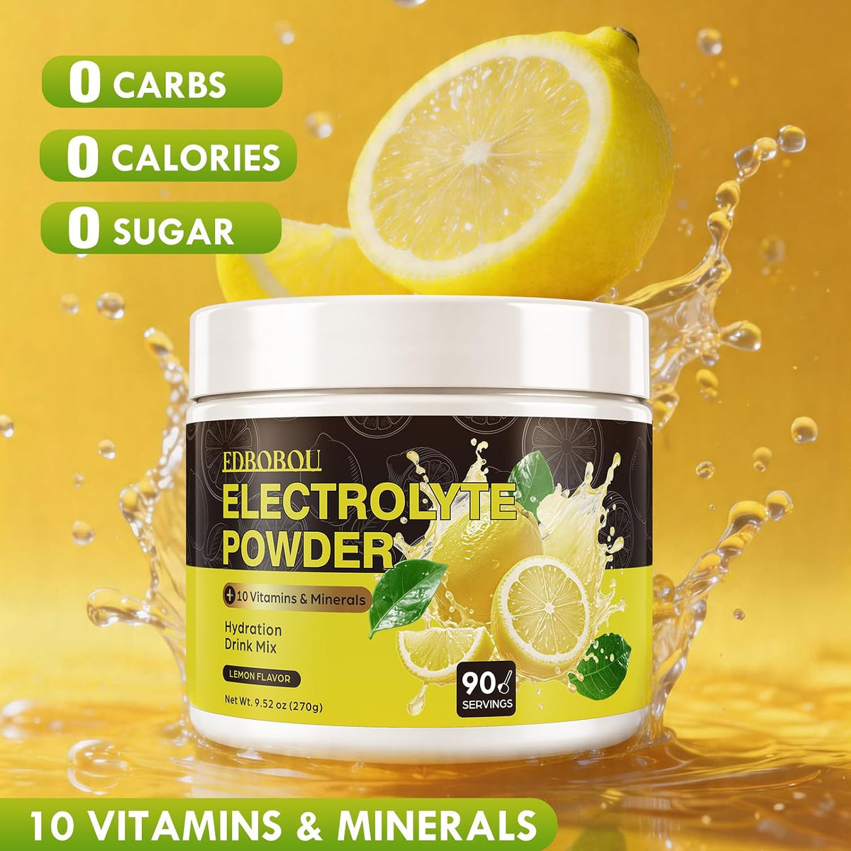 Sugar-Free Electrolyte Powder, Lemonade 0 Calories, Keto-Friendly Hydration Drink Mix with Potassium, Magnesium, and Sodium Non-GMO, Gluten-Free, Vegan, 90 Servings