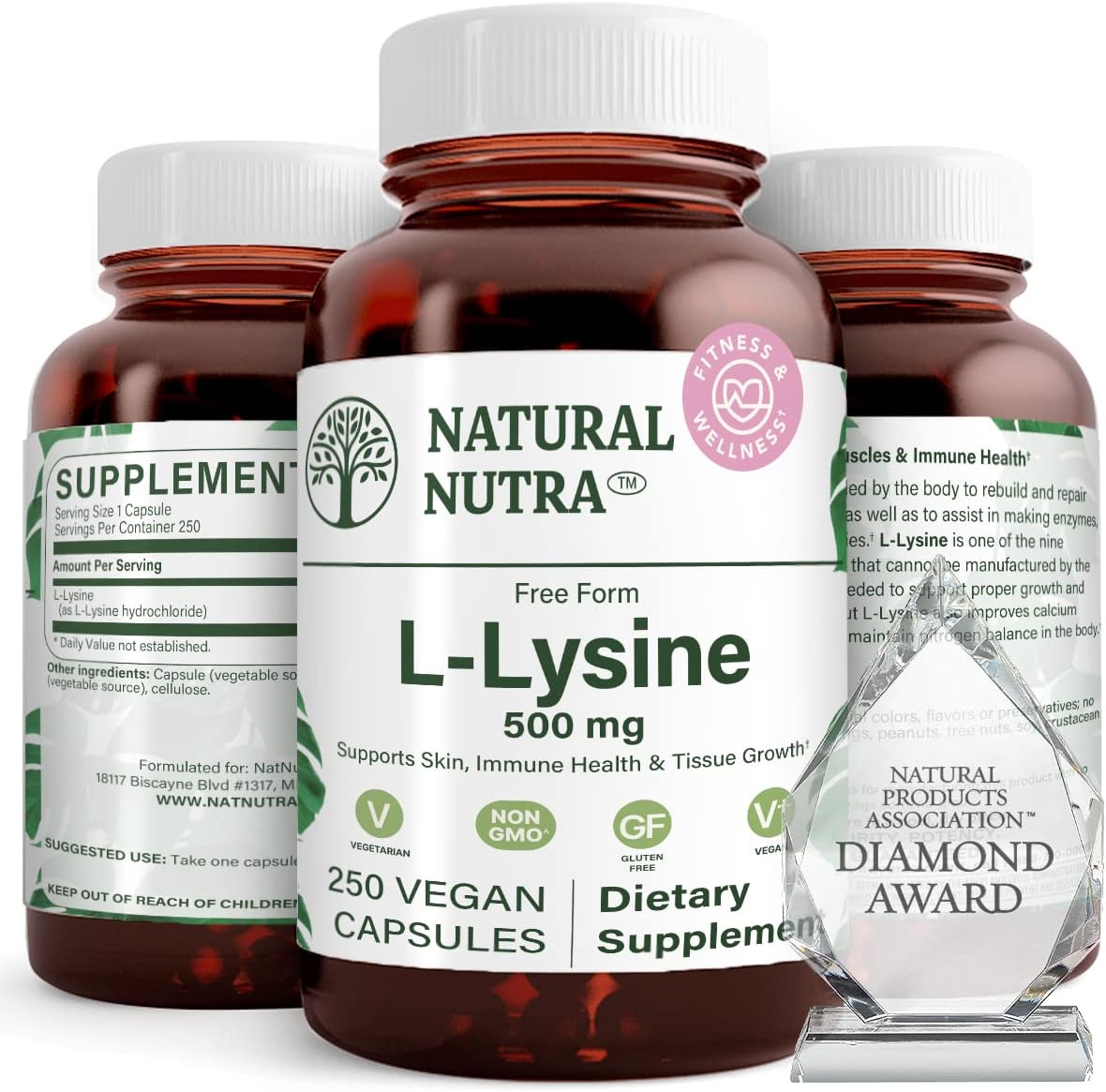 Natural Nutra L Lysine HCl Supplement, Vegan, 500 mg, 250 Capsules | Promotes Bone Health & Growth, Supports Skin Health, Improves Vitamin C Absorption, Improves Calcium Absorption, Non-GMO