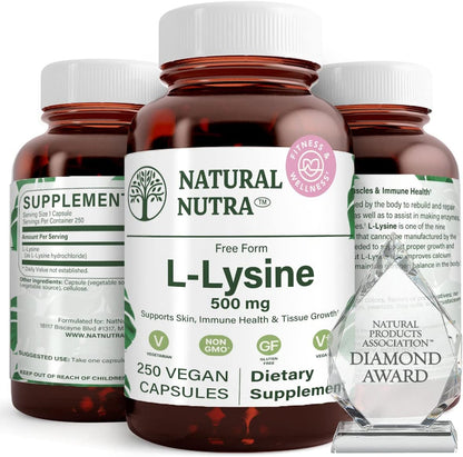 Natural Nutra L Lysine HCl Supplement, Vegan, 500 mg, 250 Capsules | Promotes Bone Health & Growth, Supports Skin Health, Improves Vitamin C Absorption, Improves Calcium Absorption, Non-GMO