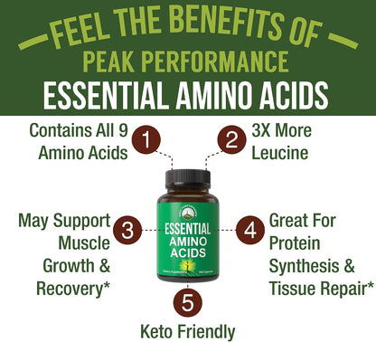 All 9 Essential Amino Acids Supplement. Capsules with 3X More Leucine for Muscle Recovery, Growth. EAA Supplement Better Than BCAA / BCAAS Branched Chain Aminos Acid. USA Tested EAAs for Men + Women