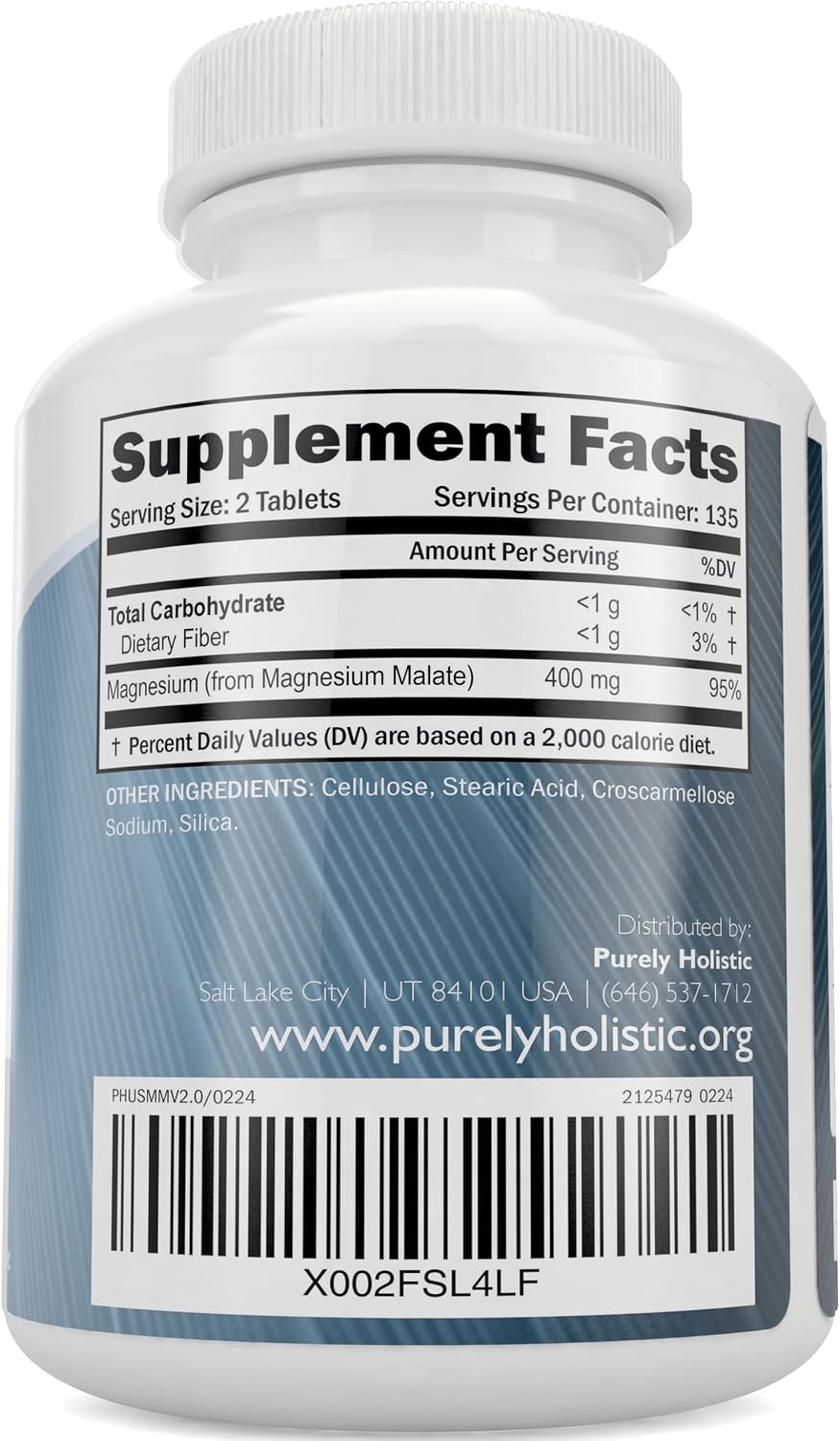 Magnesium Malate 400MG Elemental Mag Per Serving, 4+ Month Supply, Vegan | Energy Production Nervous System & Muscle Health Support, High Absorption Magnesium Malate Tablets, Non-GMO, 270 Tablets