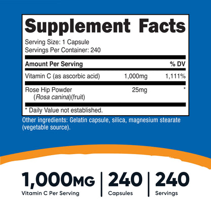 Nutricost Vitamin C with Rose Hips 1025mg, 240 Capsules, Gluten Free | Vitamin C 1,000mg, Rose Hips 25mg, GMO-Free