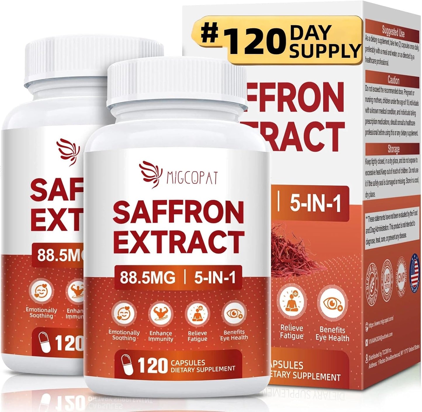 Migcopat Happy Saffron Supplement 2 Pack, 5 in 1 Saffron Capsules with Ginseng, Goji Berry & Chrysanthemum – Supports Memory, Focus, Mood, Energy, Emotional Balance & Eye Health