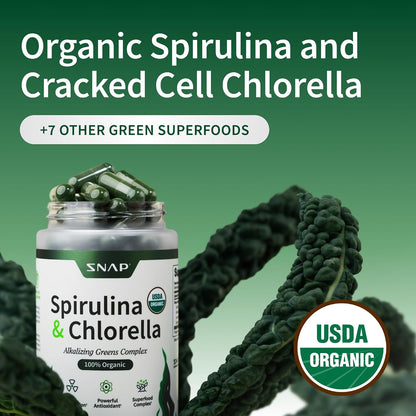 Snap Supplements USDA Organic Spirulina and Chlorella, 120 Vegan Capsules | Certified Organic Protein Rich Blue Green Algae Superfood Supplement for Energy and Immune Support, Non-GMO 30 Day-Supply