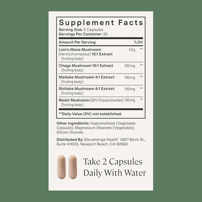 Stonehenge Health Dynamic Mushrooms 1,400 mg – 5 Mushroom Complex (Lion’s Mane, Reishi, Chaga, Maitake, Shiitake) – 100% Fruiting Bodies, – Brain, Memory, Focus & Immune Support – 60 Caps (3 Pack)
