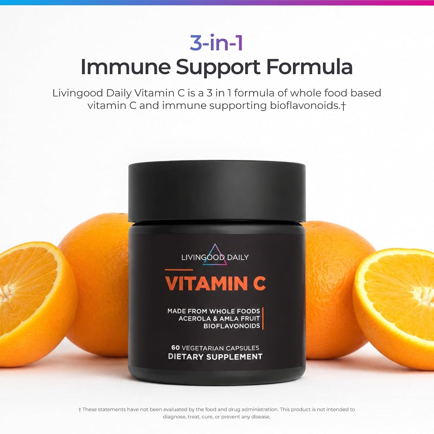Livingood Daily Vitamin C Supplement, 3-in-1 Whole Food-Based Vitamin C with Acerola & Amla Fruit Extracts and Citrus Bioflavonoids for Immune Support, Vegan, Gluten Free, Non GMO, 60 Capsules