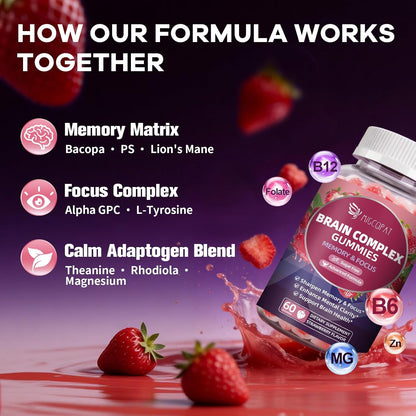 Migcopat Brain Supplements for Memory & Focus – Nootropic Gummies w/Bacopa, Lion’s Mane, Ginkgo & 10-in-1 Mushroom Complex, Mental Clarity & Cognitive Support, Caffeine-Free Strawberry Flavor 60 Cts