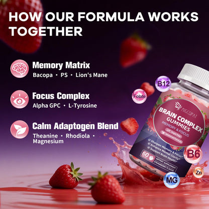 Migcopat Brain Supplements for Memory and Focus Gummies | Nootropic w/Bacopa Monnieri, Lion’s Mane, Ginkgo & 10-in-1 Mushroom Complex | Mental Clarity & Cognitive Support | Strawberry Flavor - 60 Cts