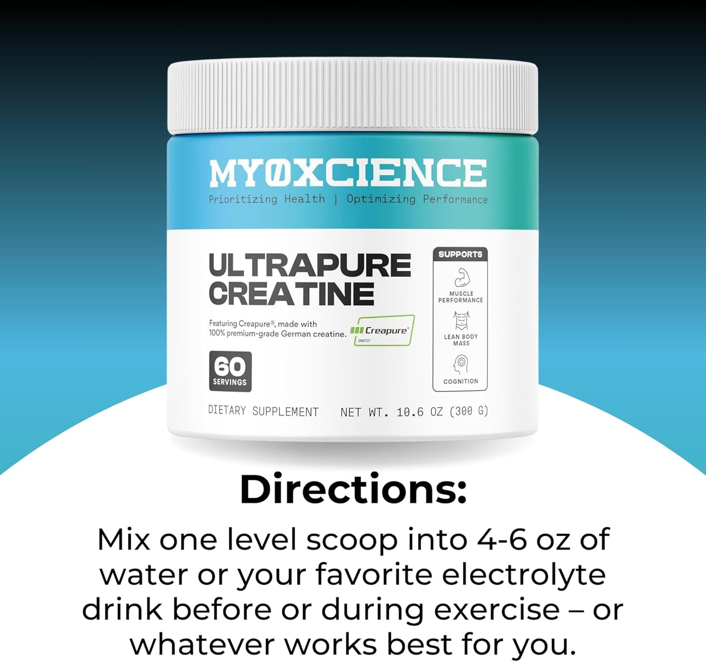 MYOXCIENCE Creapure® Creatine Monohydrate | Supports Strength & Muscle Mass, Cognition and Lean Body Mass | Unflavored (60 Serving Jar)