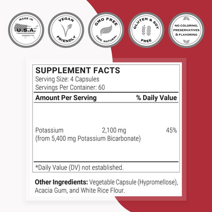 SuperSmart Potassium Bicarbonate (High Dose) - Electrolyte Mineral - pH Acid-Base Balance - Potassium Supplement | Non-GMO & Gluten Free - 120 Vegetarian Capsules