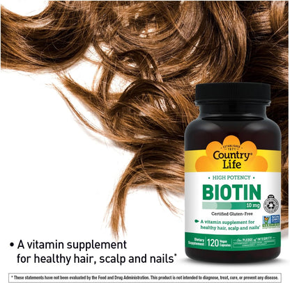 Country Life High-Potency Biotin 10mg - Vegan & Gluten-Free Biotin Supplement for Skin & Nails, Energy Metabolism - Biotin 10000mcg Capsules