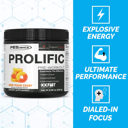 PEScience Prolific Pre Workout Powder, Sour Peach Candy, 40 Scoop, Energy Supplement
