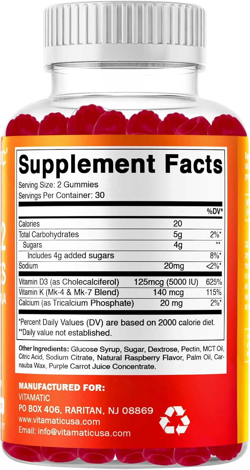 Vitamatic Vitamin D3 + K2 Gummies 60 Count - 2 Pack | D-3 5000 IU + Vitamin K 140mcg for Bone Heart & Immune Support, Pectin-Based, Non-GMO, Gluten-Free