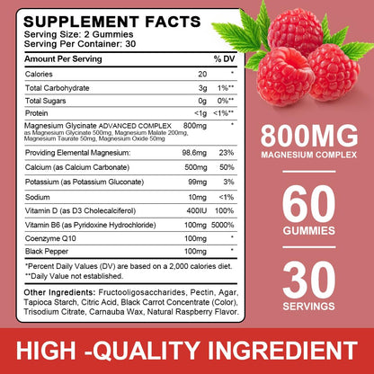 (2 Pack Sugar Free Magnesium Glycinate Gummies, 500mg Magnesium Glycinate with 200mg Magnesium Malate, Taurate, Oxide, COQ10, Vitamin B6 and D3, Sleep & Calm Support, 120 Raspberry Gummies