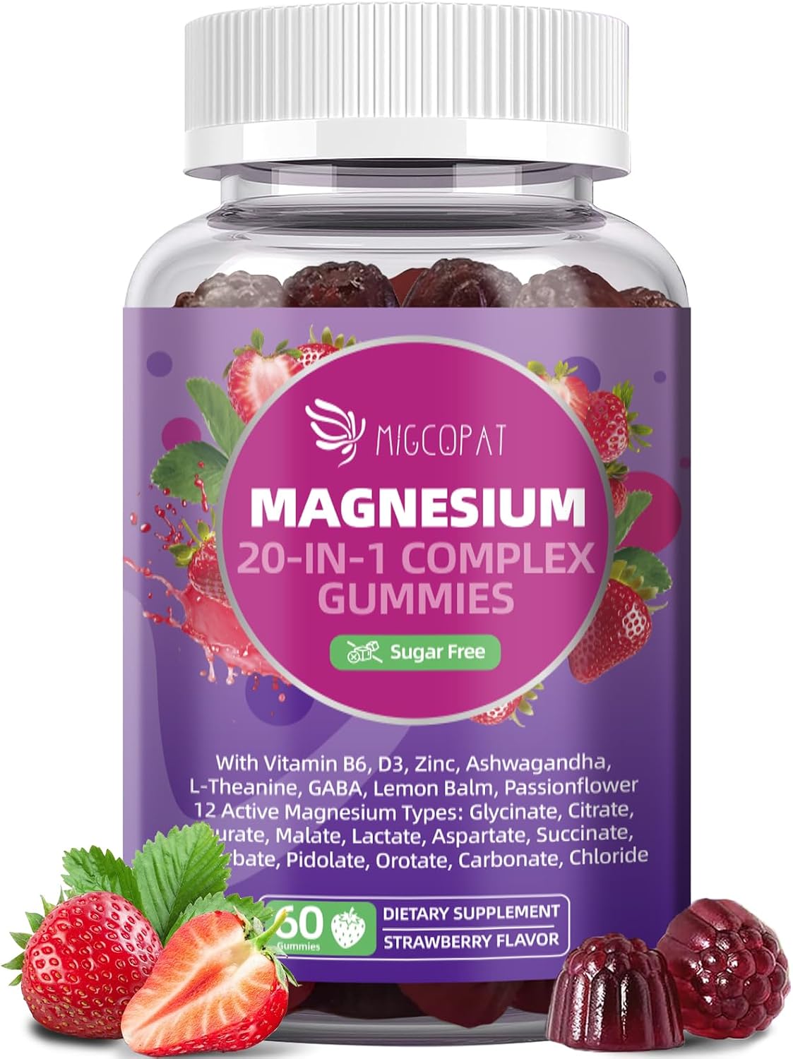 Migcopat Magnesium Complex 20 in 1 Magnesium Gummies with Glycinate Citrate Malate Taurate - Ashwagandha, L-Theanine, D3&Zinc for Relaxation, Sleep, Muscle&Heart Support, Strawberry, 60 Cts