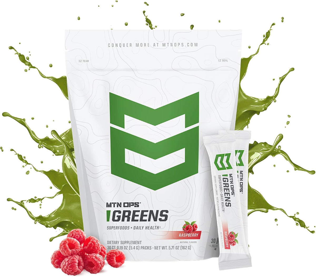 MTN OPS Daily Greens Superfood Powder Stick Packs, Raspberry