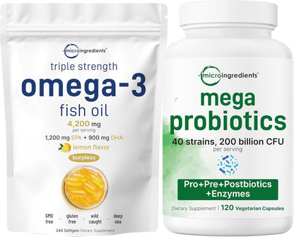 Micro Ingredients Omega-3 Fish Oil 4,200mg Softgels & Mega Probiotics 200 Billion CFU Veggie Capsules | 2 Pack Bundle | Wild-Caught, Burpless, Lemon Flavor | 40 Strains + Inulin, Acacia, & Bromelai
