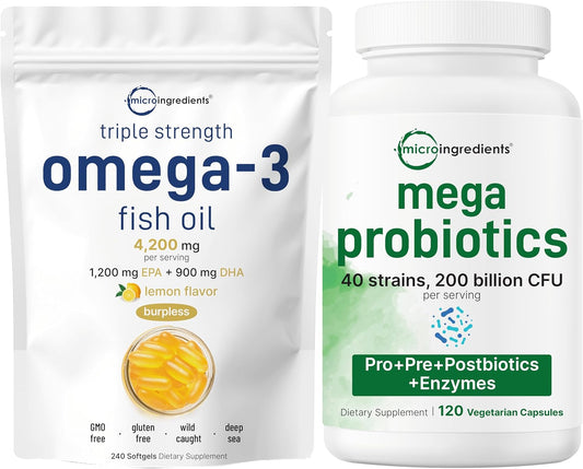 Micro Ingredients Omega-3 Fish Oil 4,200mg Softgels & Mega Probiotics 200 Billion CFU Veggie Capsules | 2 Pack Bundle | Wild-Caught, Burpless, Lemon Flavor | 40 Strains + Inulin, Acacia, & Bromelai