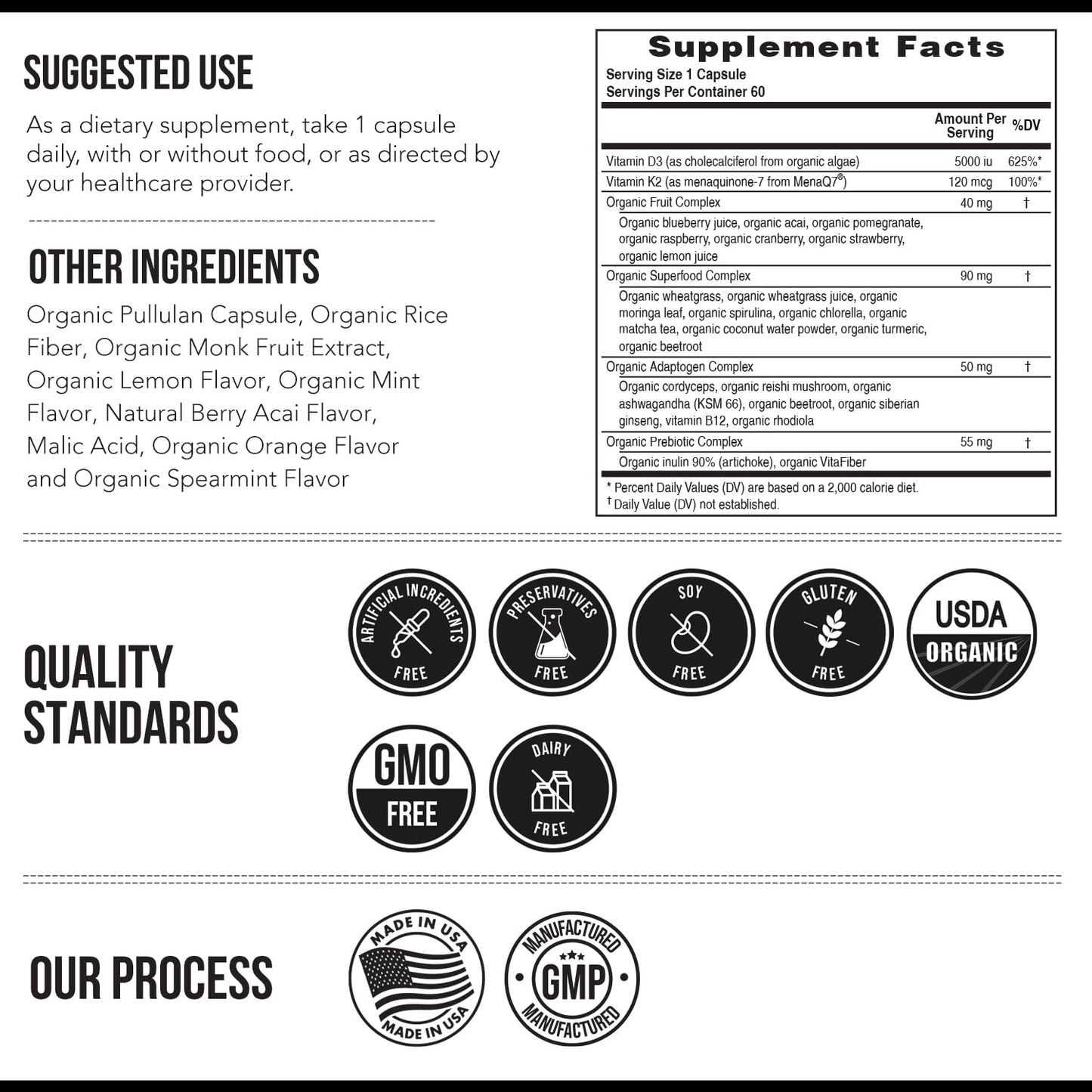 Organic Plant D3 + K2 | 5000 iu D3 + 120 mcg K2 as All-Trans MK7 from MenaQ7® - 100% Whole Food, Raw & Vegan | Enhanced Digestion with Prebiotic & Superfood Complex – D3 from Organic Algae (60 Count)