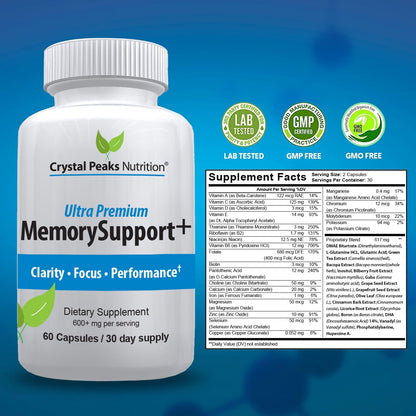 Memory Boost + Brain Support Supplement – Nootropic for Focus, Concentration, Memory. Enhanced Energy, Recall and Alertness - 60 Capsules/30-day Supply.