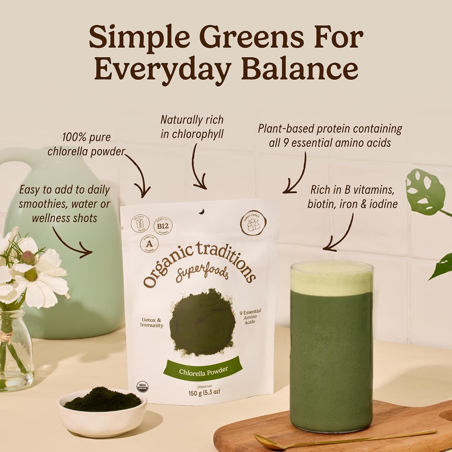 Organic Traditions Chlorella Powder, Broken Cell Wall Algae with Plant Based Protein, Essential Amino Acids, Chlorophyll & Nutrients, Eenergy Drink, Non GMO Superfood for Daily Blends, 150g/5.3oz Bag