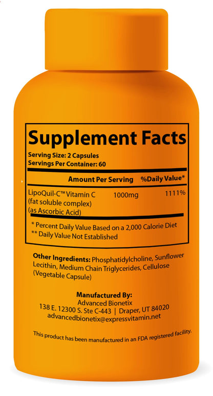 Advanced Bionetix Liposomal Vitamin C Supplement | LipoQuil-C™ Enhanced Absorption Technology | 120 Capsules 1000mg High Dose Fat Soluble Vita C | Immune Support Collagen Support