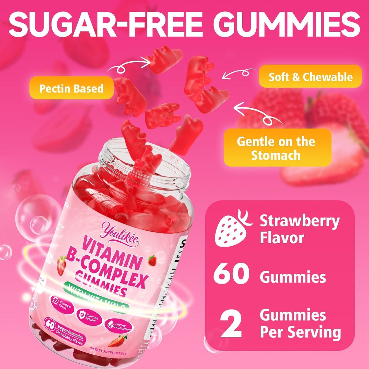 Vitamin B-Complex Gummies for Women & Men, Strawberry Flavor, 60 Count | Methyl B12, B1, B2, B3, B5, B6, B7 & B9 - Vitamin B Complex with Vitamin C for Energy, Brain & Immune Support