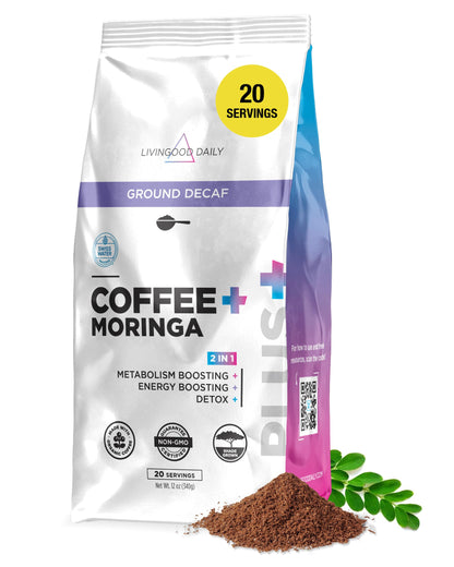 Livingood Daily Coffee with Moringa, Ground Medium Roast Coffee with Plant Based Ingredients for Morning Energy, Made with Moringa Powder, Organic, Non GMO, Vegan, Gluten Free, 20 Servings, 12 oz Bag