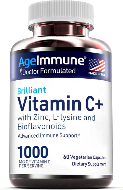 AgeImmune Vitamin C 1000mg Complex with L-Lysine 500mg, Zinc 12mg, Bioflavonoids 300mg. Doctor Formulated Magnesium Stearate Free Supplements for Healthy Immune System Support.(1)