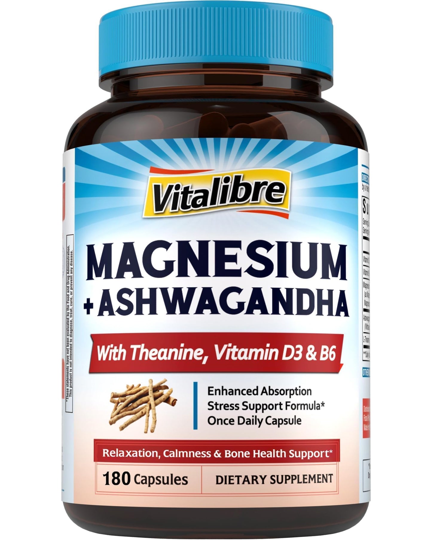 Vitalibre Magnesium Complex with Ashwagandha, L-Theanine & Vitamin D3, B6 | Stress Relief, Bone & Relaxation Support - w/ Magnesium Glycinate, Citrate, Malate, Taurate - Non-GMO, 90 Capsules