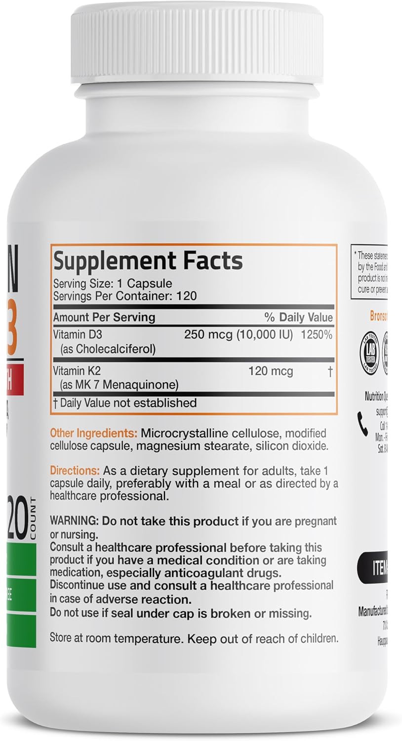 Bronson Vitamin K2 D3 (MK7) Extra Strength D3 & K2 Complex, 120 Capsules | Bone, Immune & Heart Health Support, Gluten Free, Soy Free, Non-GMO, Vitamin D3 10,000IU (250 mcg) & 120 mcg K2 MK-7