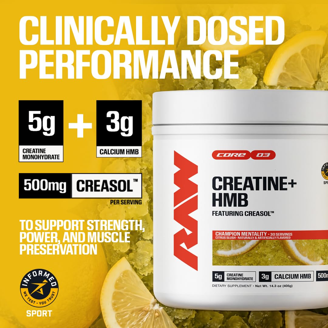 RAW Creatine Plus HMB, Champion Mentality, Creatine HMB Powder - Creatine Monohydrate Powder with 3G HMB, Taurine & No Added Sugar, Muscle Mass Growth, Strength Building & Enhanced Energy, 30 Servings