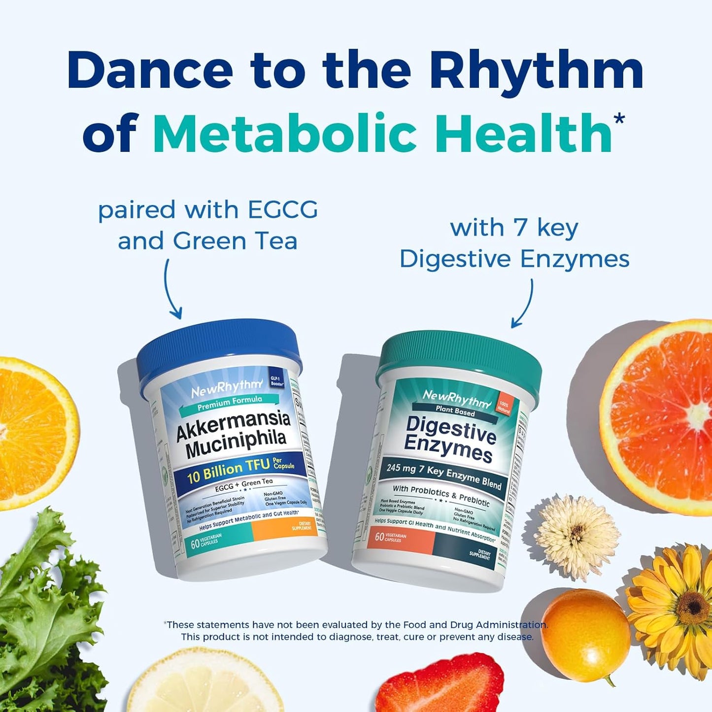 NewRhythm Akkermansia Muciniphila Probiotic, 10 Billion TFU, Pasteurized, Maximum Stability, Green Tea Leaf EGCG, GLP-1 Production, Metabolic Health, Gut, Immunity, for Women & Men, 60 Caps
