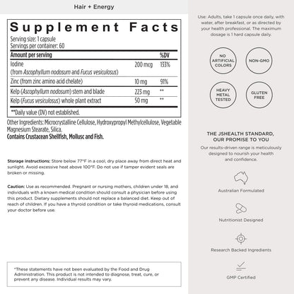 JSHealth Hair Growth Vitamins for Women. Hair + Energy with Kelp Iodine and Zinc. Supports Thickness, Strength, Energy. Nutritionist-Formulated (60 Capsules) | Hair Vitamins for Women and Men, Zinc and Iodine Hair Supplements for Hair Growth