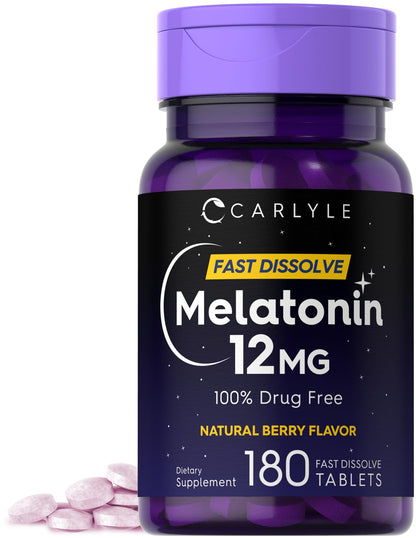 Carlyle Melatonin 12 mg Fast Dissolve 300 Tablets | Drug Free | Natural Berry Flavor | Vegetarian, Non-GMO, Gluten Free