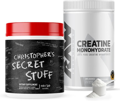 RAW Nutrition Creatine Monohydrate & Thavage (Tastes Like Winning) Pre-Workout Powder Bundle
