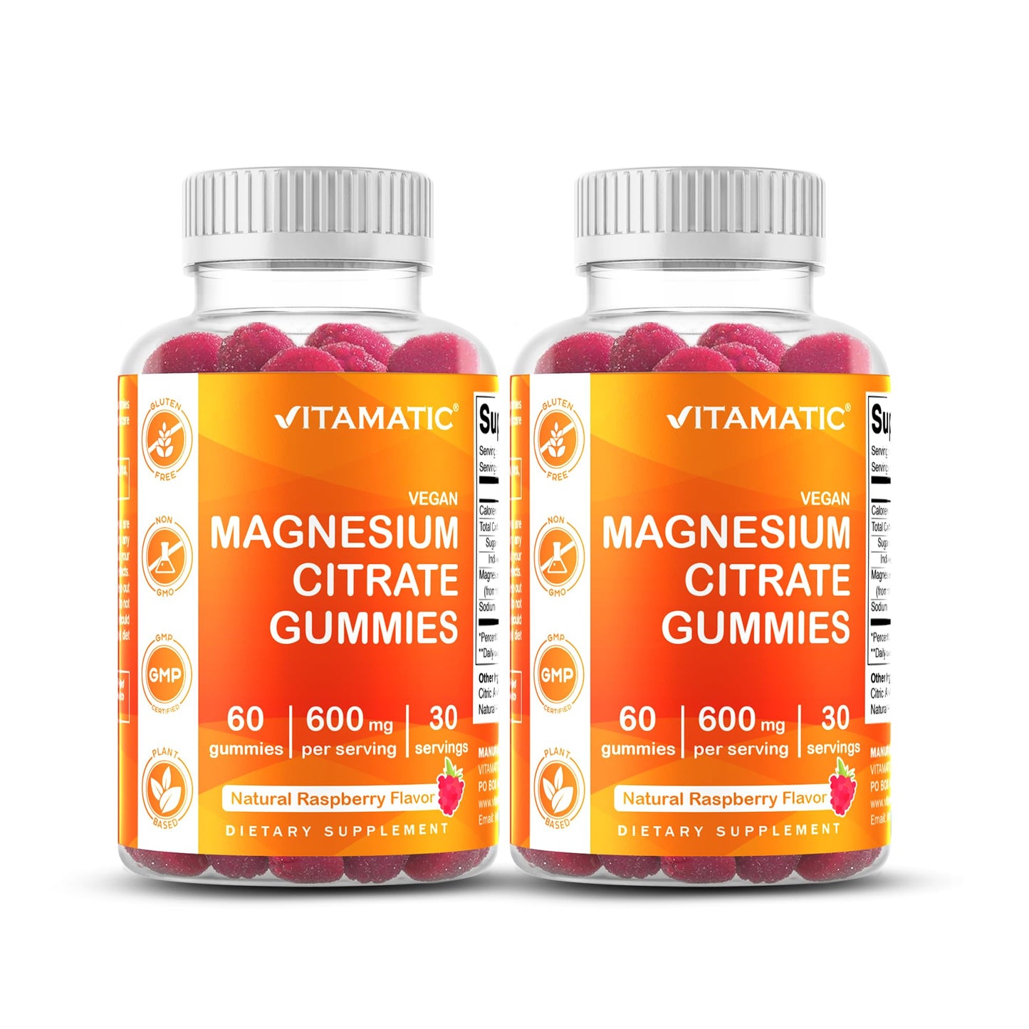 Vitamatic Magnesium Citrate Gummies, 600 mg, 60 Vegan Gummies | 600 mg Magneisum Citrate Per Serving with 70 mg of Elemental Mg, Natural Raspberry Flavor, Non-GMO, Gluten Free, Pectin Based