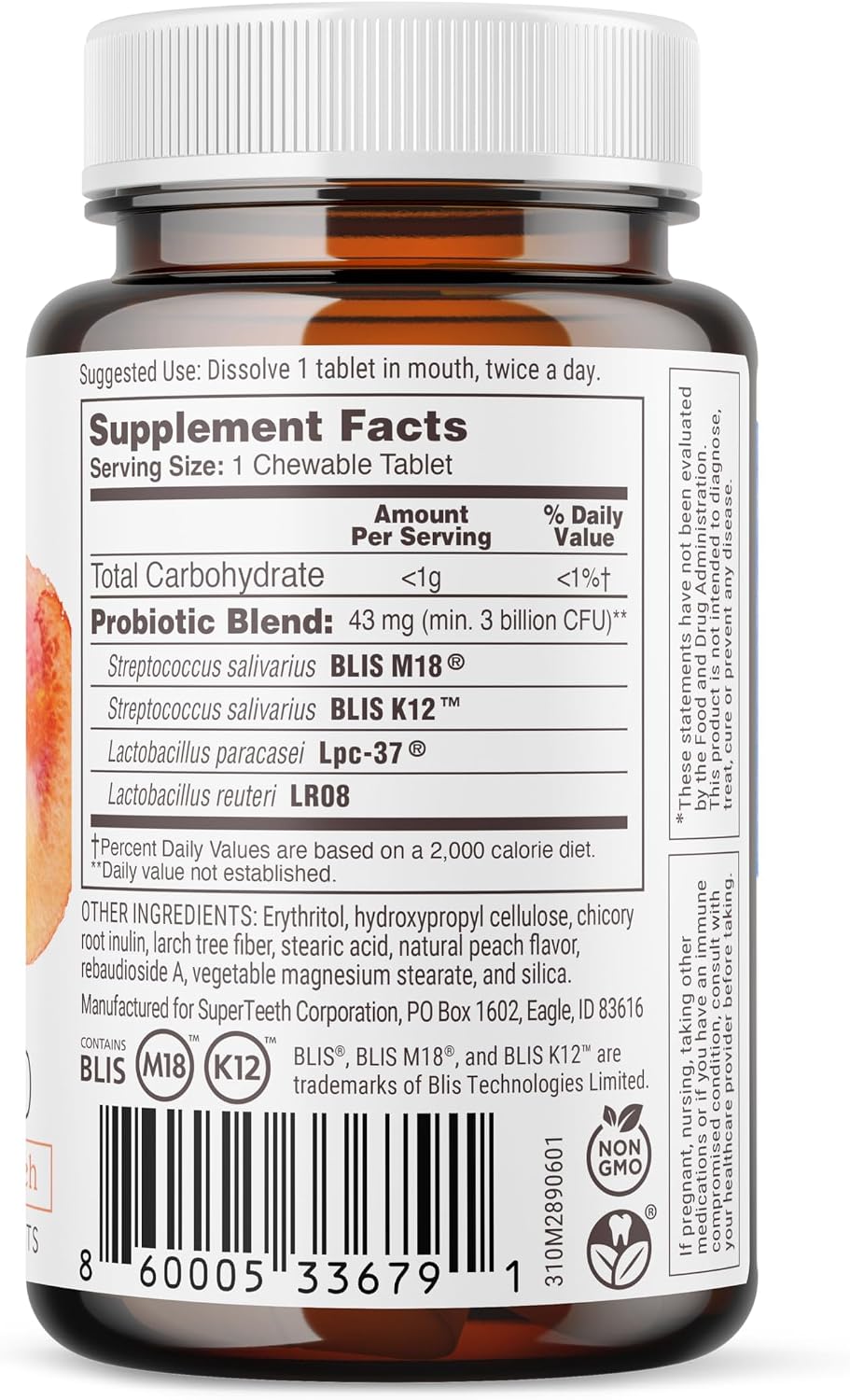 SUPER TEETH Oral Probiotics for Bad Breath, Cavities & ENT Support - Peach