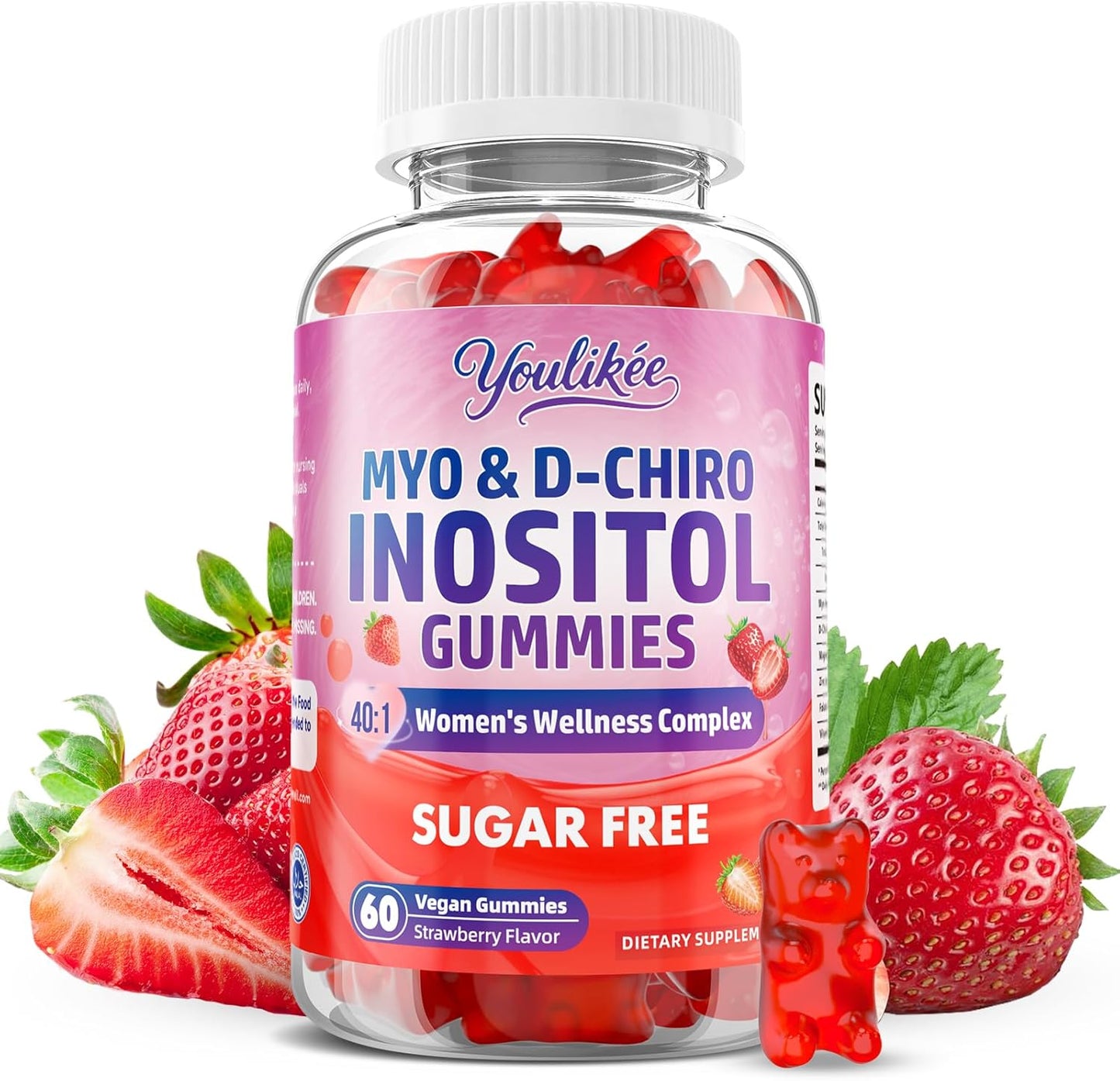 Myo-Inositol & D-Chiro Inositol Gummies for Women, Sugar-Free, 60 Count | Ideal 40:1 Ratio with Vitamin D3, Folate, Magnesium and Zinc - Support Female Health & Wellness, Strawberry Flavor